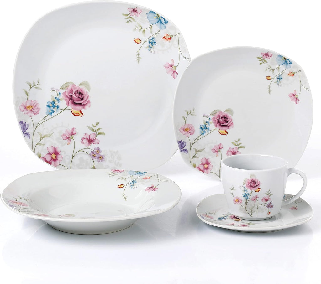 Lorren Home Trends Porcelain 20 Piece Square Dinnerware Set Service for 4-Small Floral Design, White