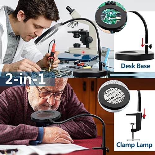 10X Magnifying Glass with Light and Stand, Flexible Gooseneck Desk Lamp & Clamp, 3 Modes Dimmable LED L456