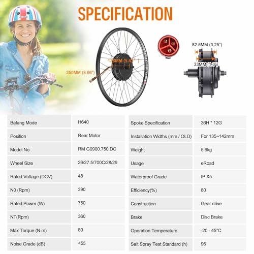 750W Rear Hub Motor Ebike Conversion Kit for 135-142mm Dropout, 26" 27.5" 700C P623