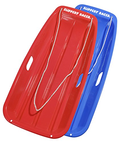Plastic Toboggan Snow Sled with Pull Rope for Kids and Adults, Red and Blue (2 Pack) C2259