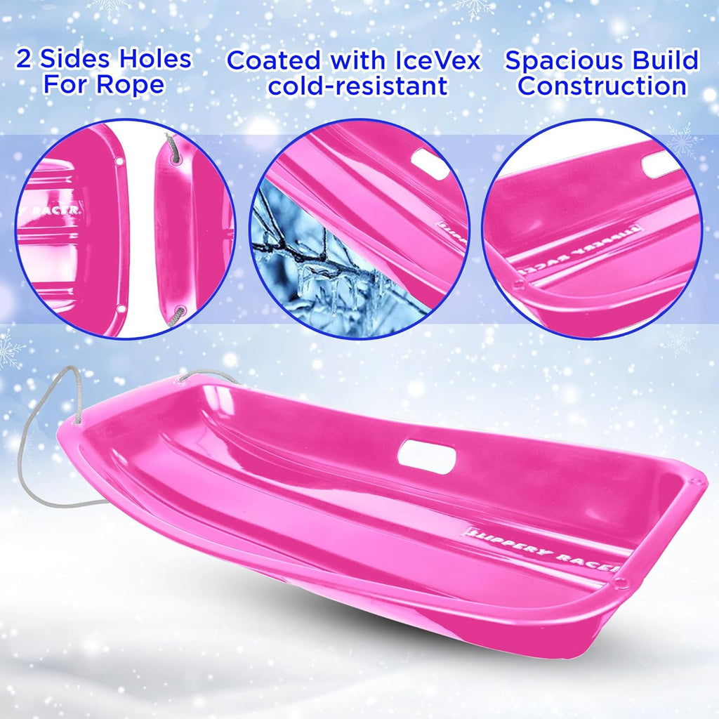 Plastic Toboggan Snow Sled for Kids with Pull Rope, Pink (3 Pack) I88453