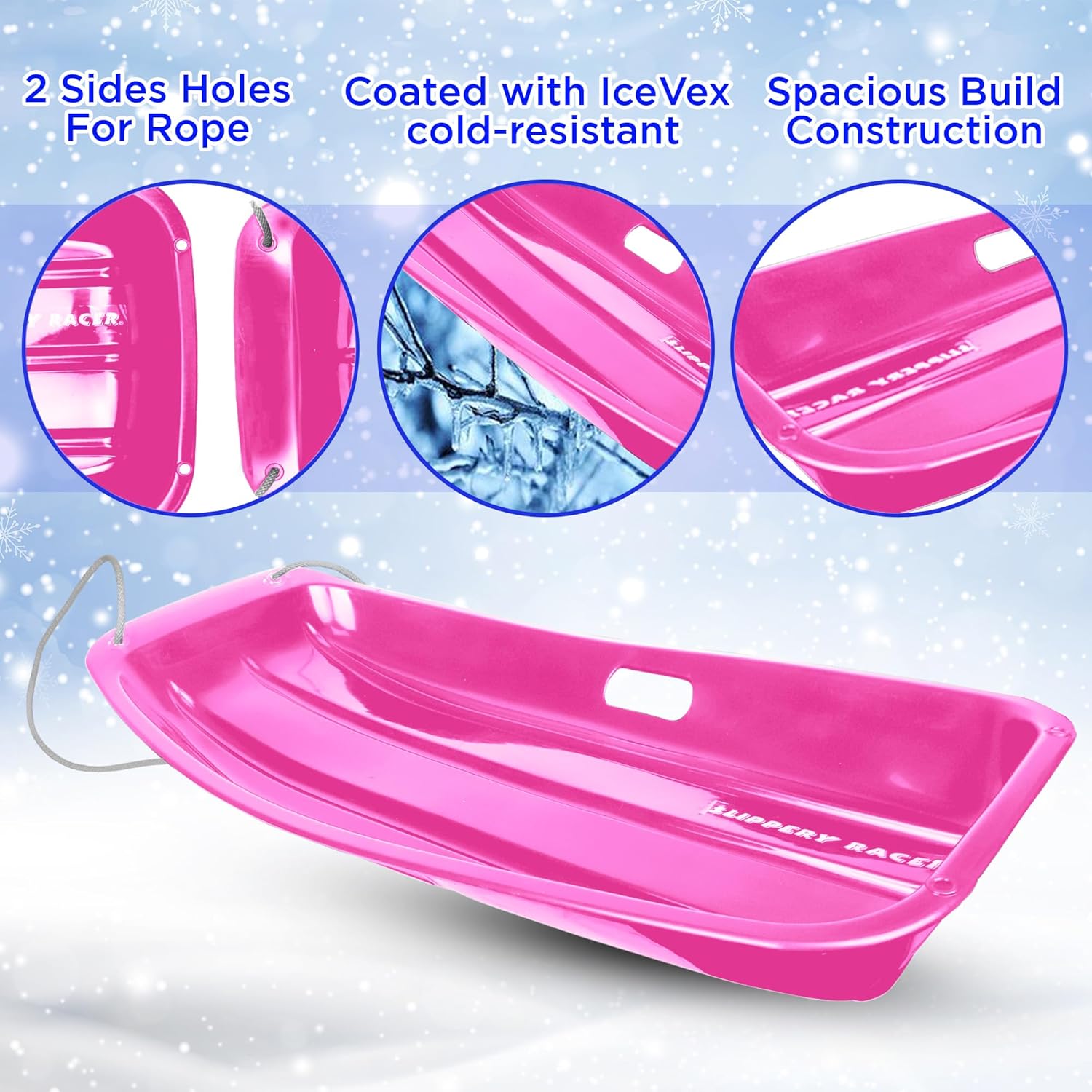 Plastic Toboggan Snow Sled for Kids with Pull Rope, Pink (3 Pack) I88453