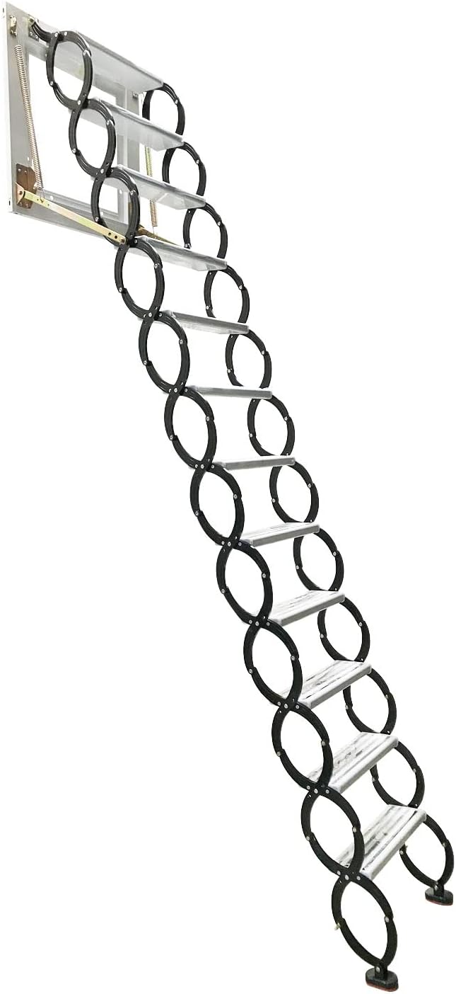 Attic Ladder Steps Pull Down 12 Steps, Wall-mounted Folding Stairs with Armrests, 9.8 ft Height T523752