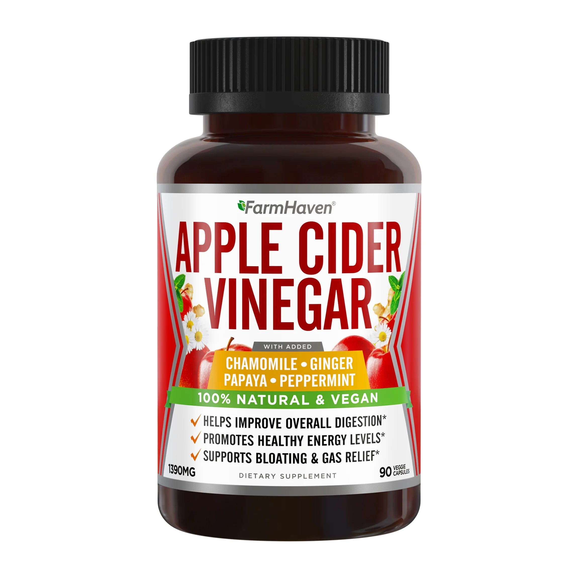 Apple Cider Vinegar Capsules With Ginger, Papaya & Chamomile | 1390mg | Improves Digestion, Energy, Immunity | Soothes Gas & Bloating Issues | Like With Mother | Non-GMO & 100% Natural | 90 Capsules