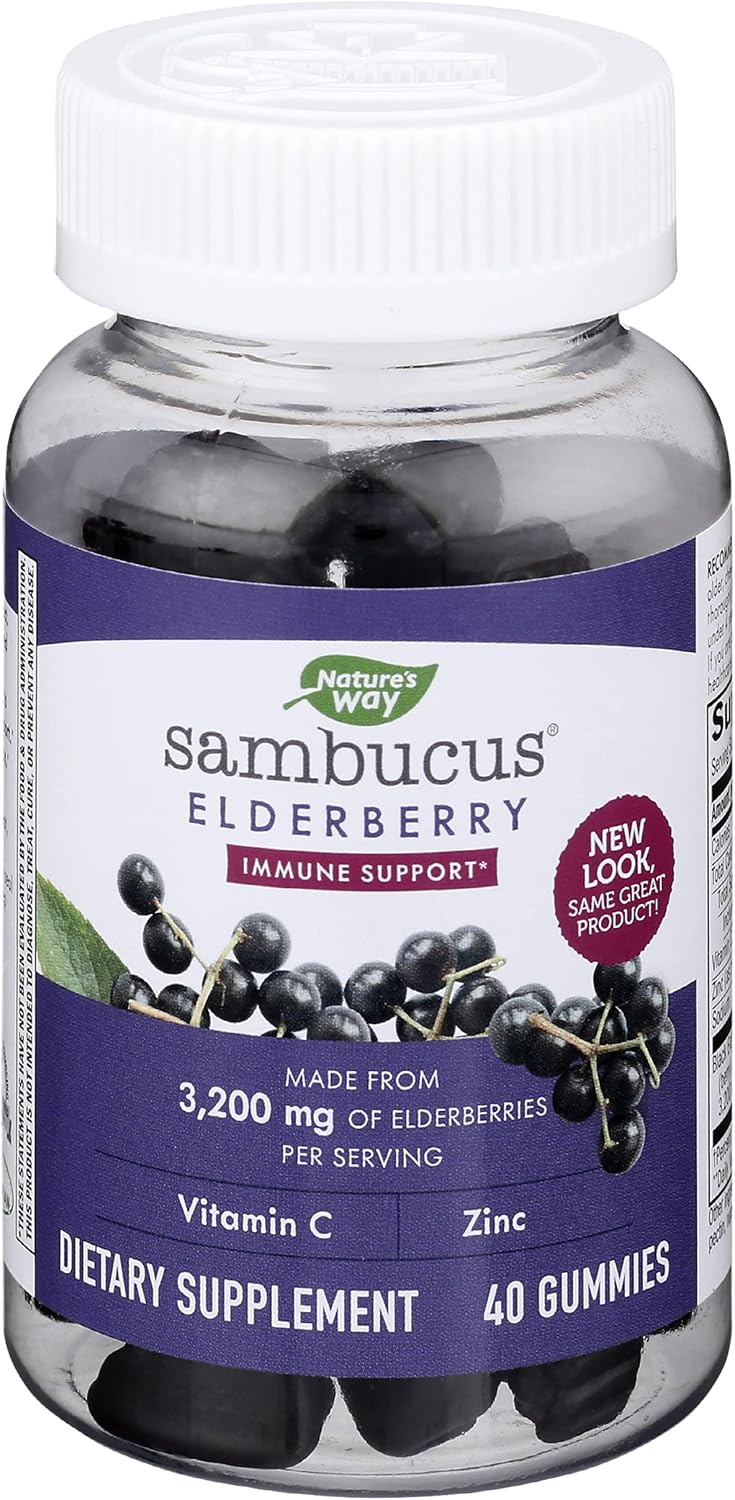 Nature’s Way Sambucus Elderberry Gummies, Immune Support Gummies*, Black Elderberry with Vitamin C and Zinc, 40 Gummies