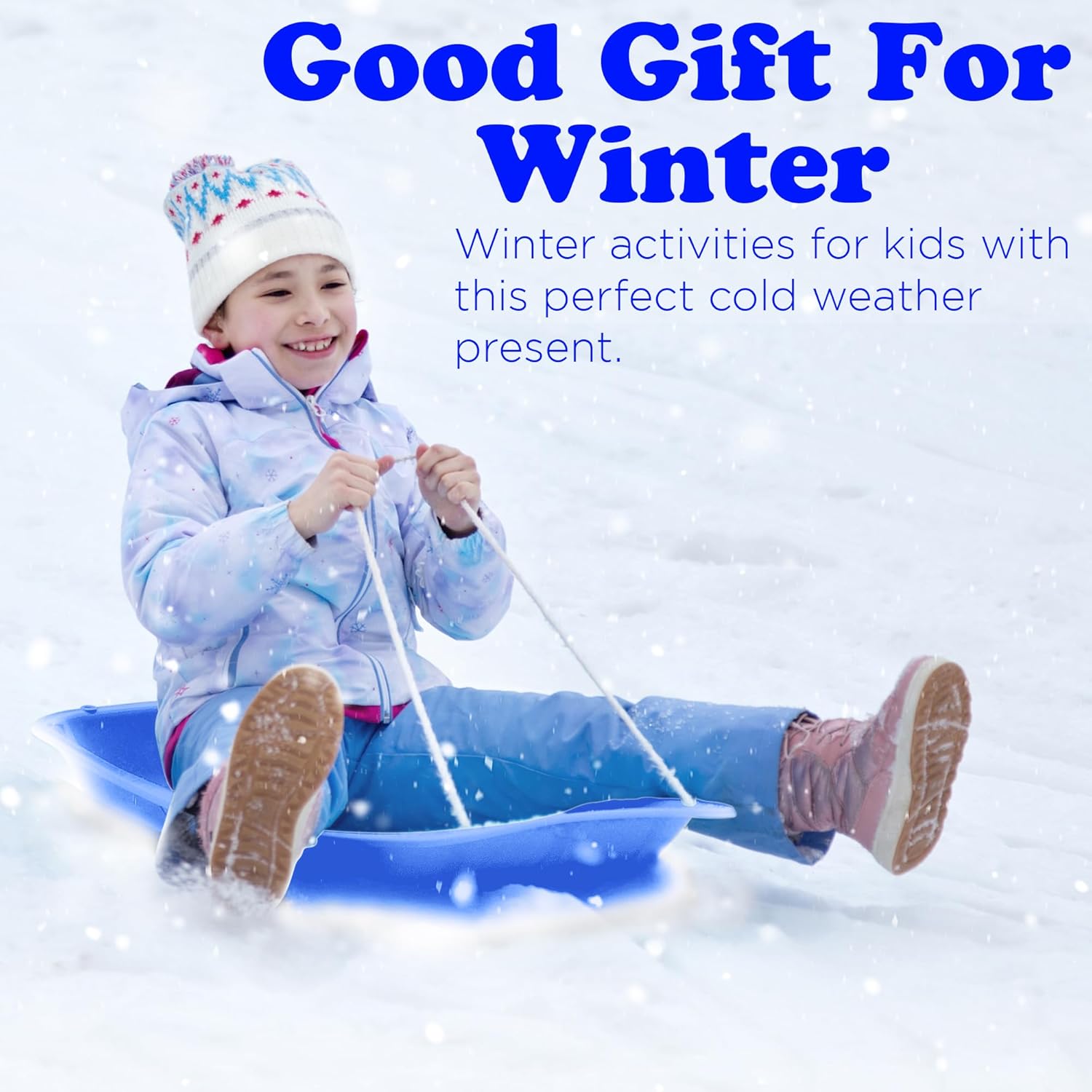 Plastic Toboggan Snow Sled with Handles and Pull Rope, Blue (3 Pack) P206