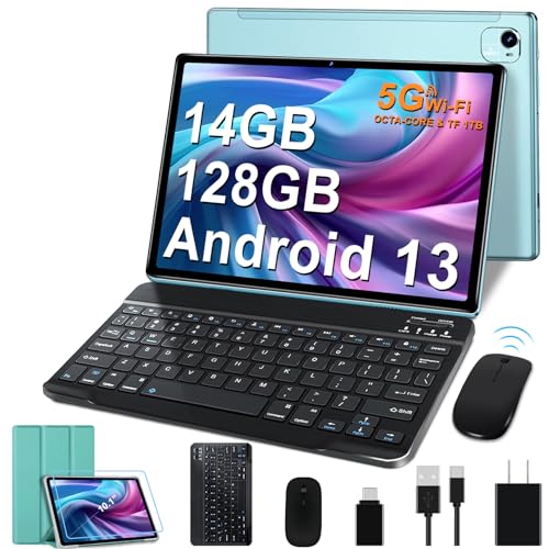 FACETEL Tablet 10.1 inch Android 13 Tablet Octa-Core 2.0 GHz, 14GB RAM 128GB ROM TF 1TB, 5+8MP Camera, 8000mAh Battery, 5G WiFi, Bluetooth 5.0, HD IPS Screen Tablet with Keyboard Mouse - Black