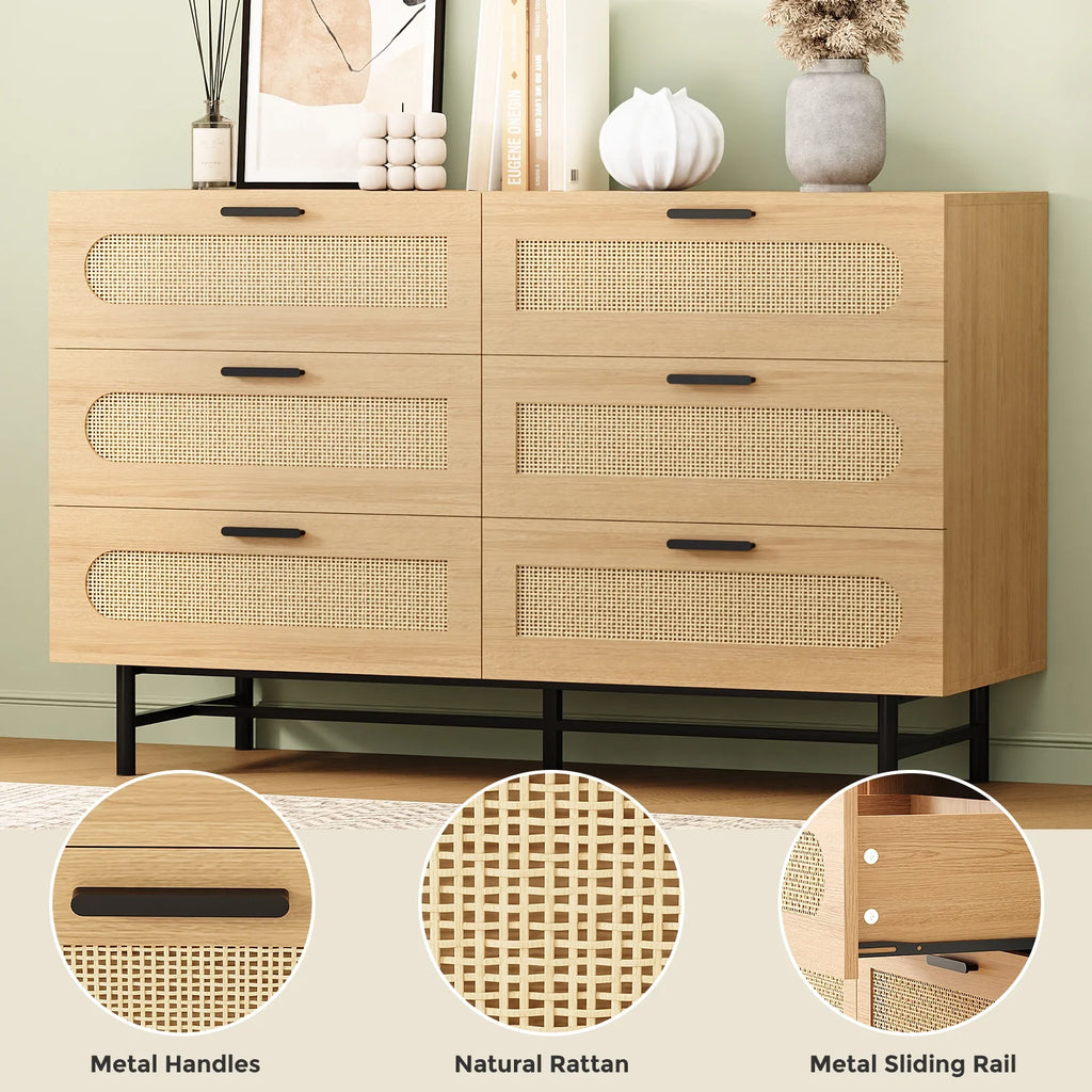 6 Drawer Dresser for Bedroom, Natural Rattan Chest of Drawers O113328