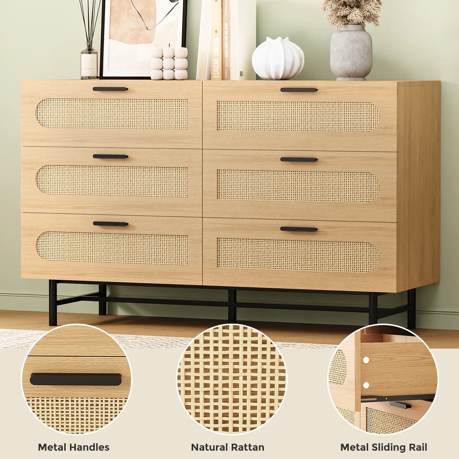 6 Drawer Dresser for Bedroom, Natural Rattan Chest of Drawers O113328