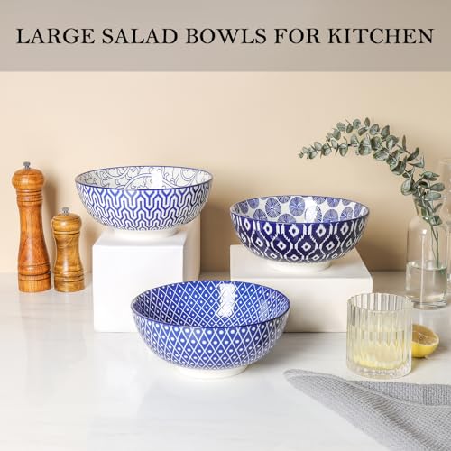Ceramic Salad Bowl Set, 53 oz, 8 Inch, Stackable, Set of 3, Vintage Blue D421999