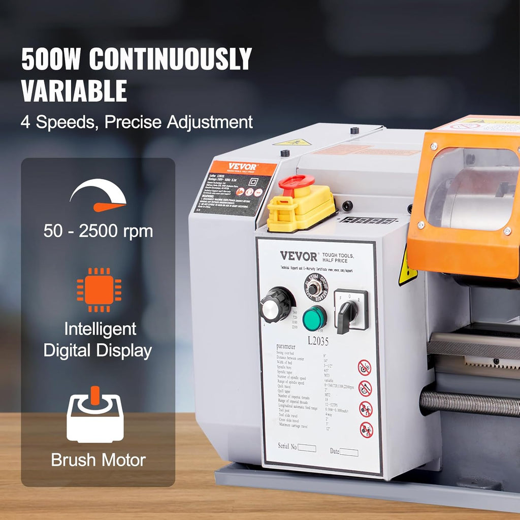 Metal Lathe Machine, 7.87" x 13.78", Benchtop Power Lathe, 50-2500 RPM Variable Speed, 500W Motor, with Tool Box F129