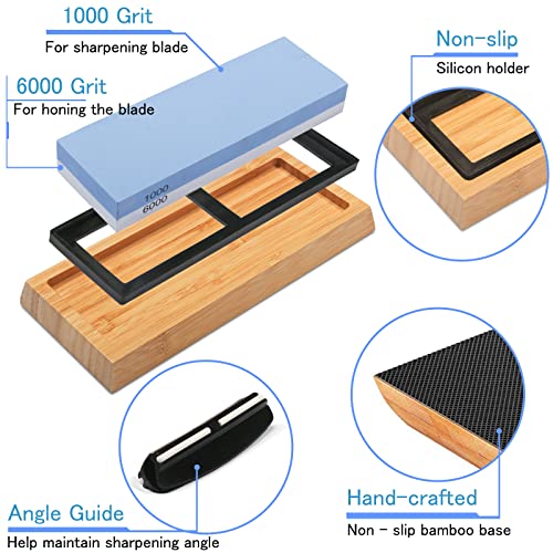Knife Sharpening Stone Kit - Double Sided 1000/6000 Grit with Bamboo Base and Angle Guide I87418