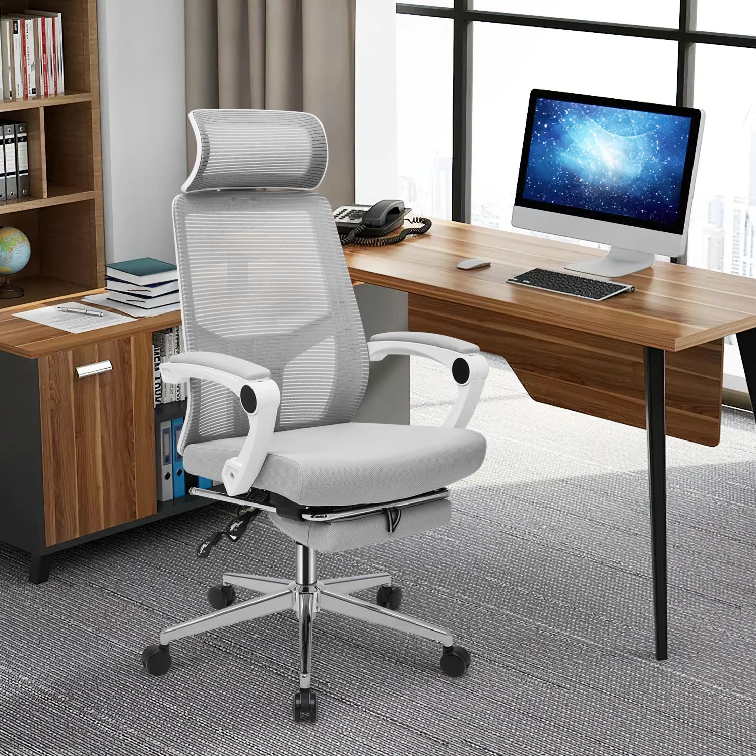 Ergonomic Office Executive Chair with Headrest and Footrest, Grey R3223