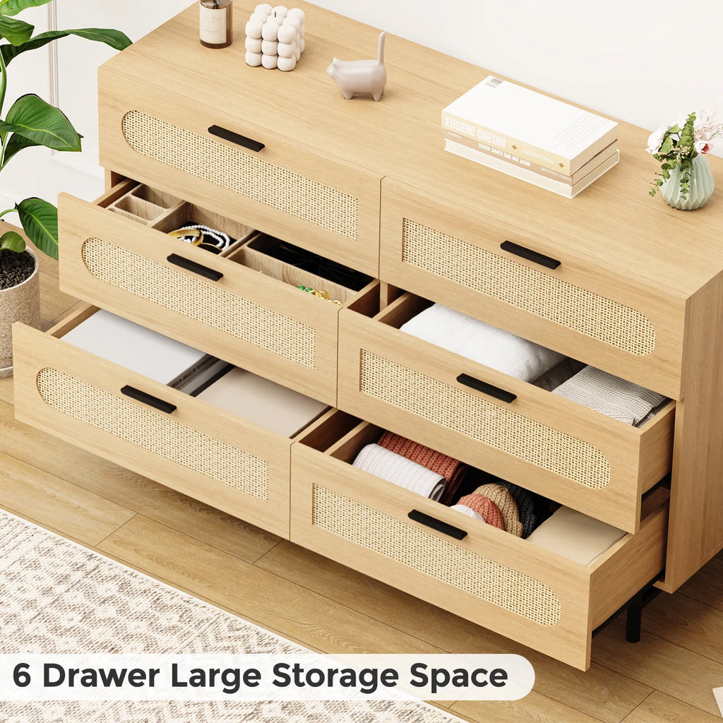 6 Drawer Dresser for Bedroom, Natural Rattan Chest of Drawers O113328