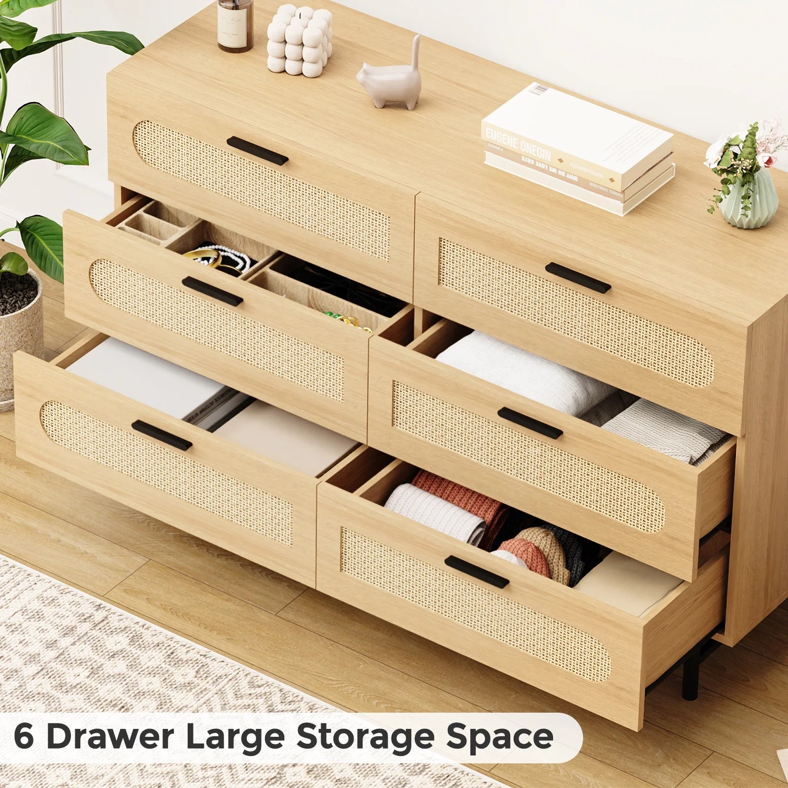 6 Drawer Dresser for Bedroom, Natural Rattan Chest of Drawers O113328