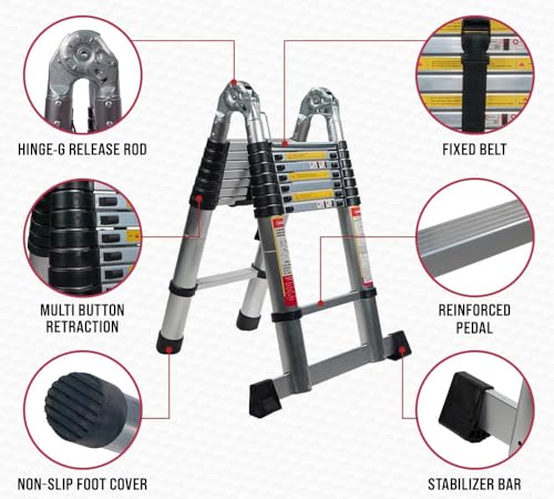 16.5 ft Telescoping Ladder A Frame - Aluminum Extension Ladder with Balance Bar, Carry Handle & Tool Tray O962