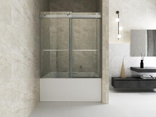 Frameless Sliding Tub Door with Clear Tempered Glass, Brushed Nickel T2956