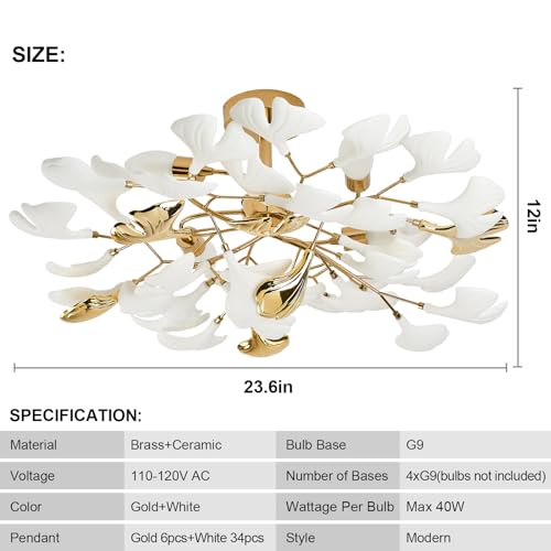 Gold Ceramic Ginkgo Leaf Semi Flush Mount Ceiling Light, 24 Inch O666194