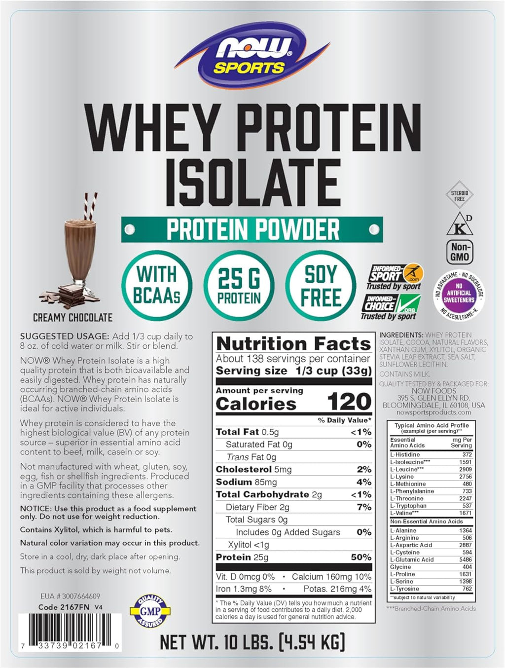 Whey Protein Isolate Powder, Creamy Chocolate, 25g with BCAAs F608