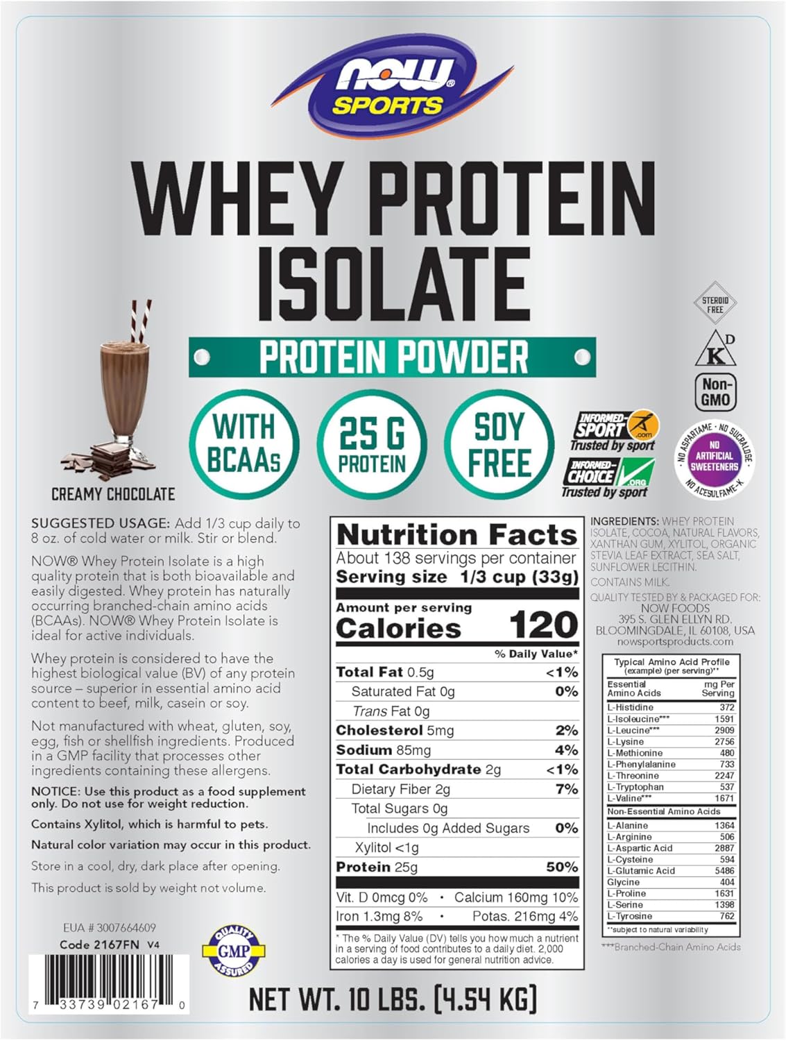 Whey Protein Isolate Powder, Creamy Chocolate, 25g with BCAAs F608