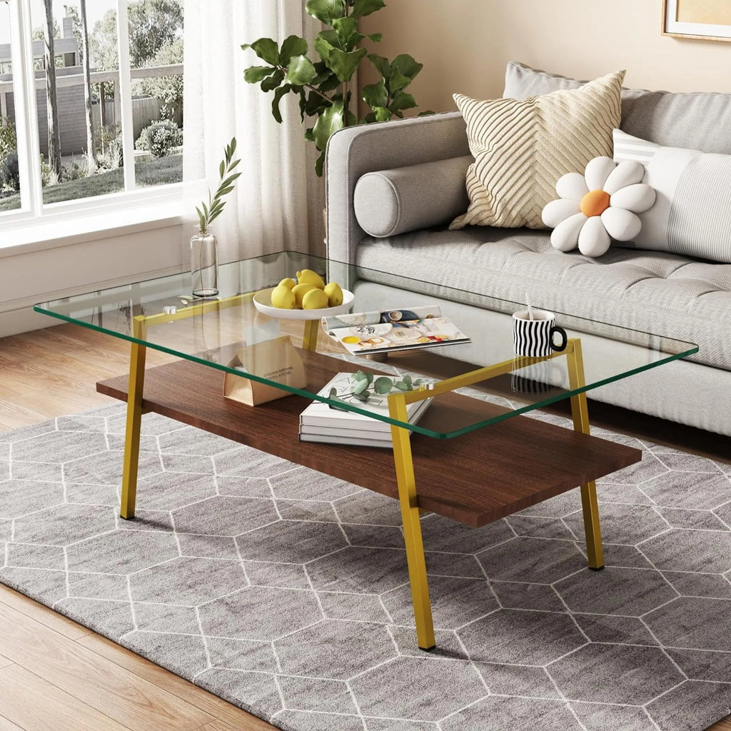 Glass Coffee Table with Wood Shelves S615280