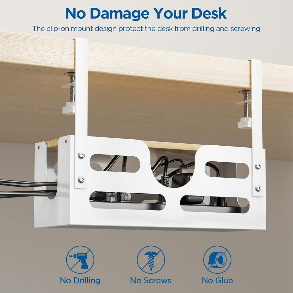 Cable Management Box with Lid, Under Desk Tray with Adjustable Clamps A5988
