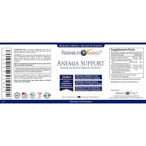 Anemia Support Iron Supplement with Vitamins B12, C, A and Folate, 60 Capsules A691
