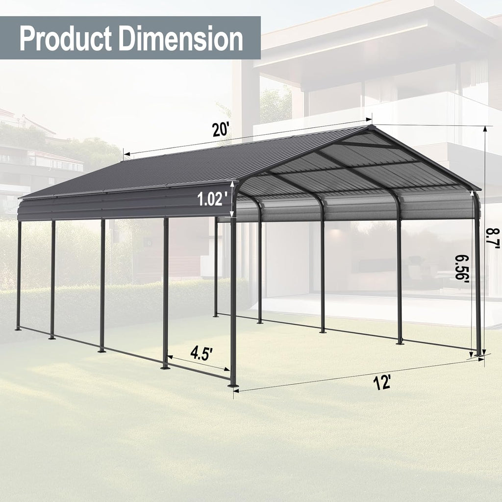 Carport 10 x 20 ft Heavy Duty Metal Canopy with Galvanized Steel Roof Frame, Outdoor Car Shelter Tent O390091