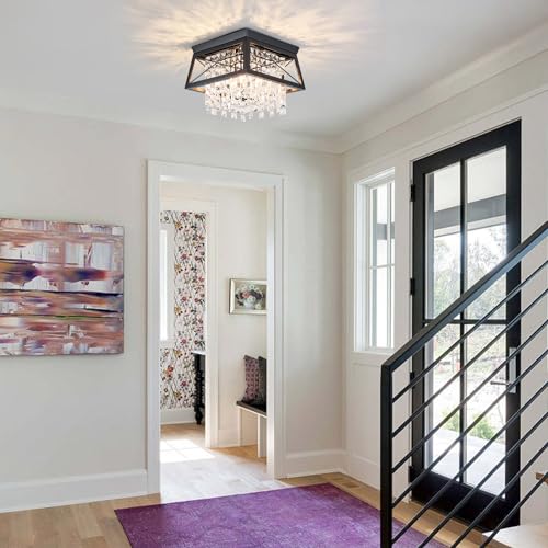 Crystal Flush Mount Ceiling Light, 11.8 inch 4-Light Black Farmhouse Metal Fixture Y816