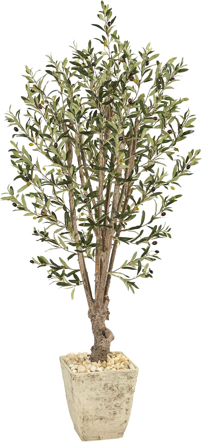 Nearly Natural 5ft. Olive Artificial Tree in Country White Planter