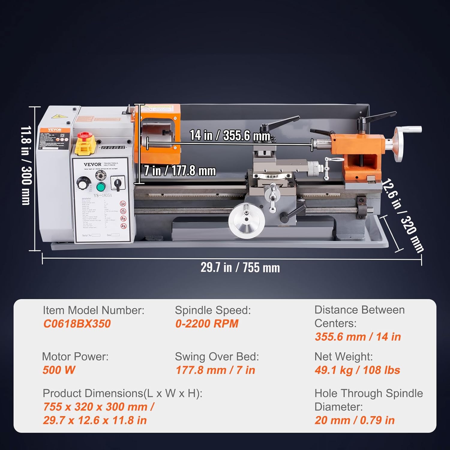 Metal Lathe Machine, 7 x 13.78 Inch, Benchtop Power Lathe, 0-2200 RPM Variable Speed, with Tool Box A98525