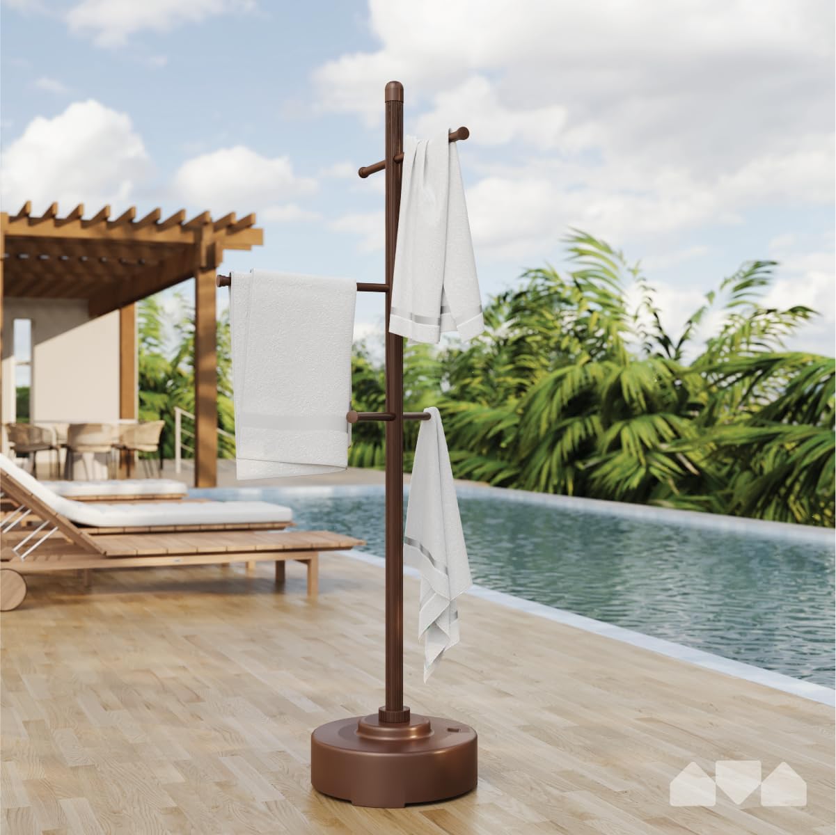 Pool Towel Rack Freestanding Outdoor Spa Towel Tree, Weather Resistant Metal and Plastic, 65 x 25 inches, Brown E501