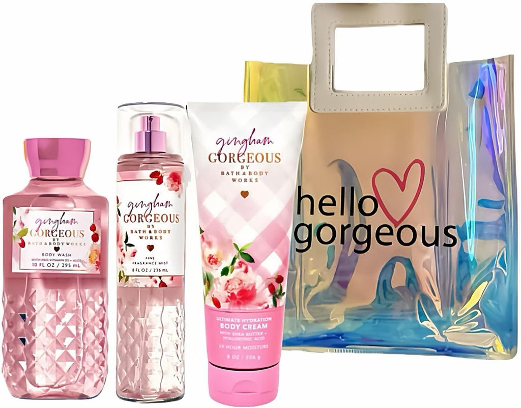 Bath & Body Works - 3 Piece Bundle - Spray - Body Cream - Shower Gel - Full Size and Gift Bag HELLO GORGEOUS (Gingham Gorgeous)