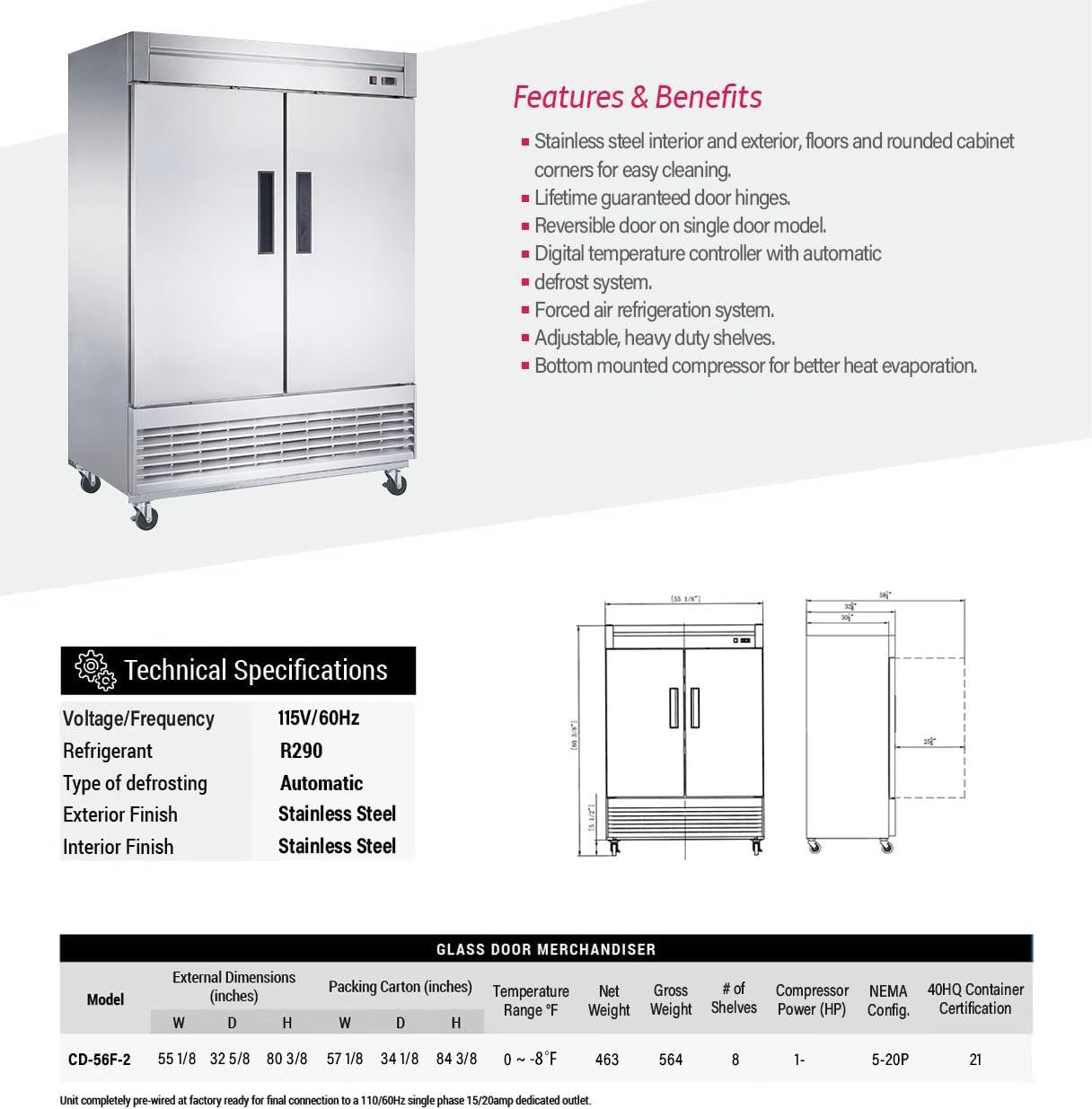 Commercial Freezer 2-Door Solid Upright Stainless Steel, 47 Cu Ft T572