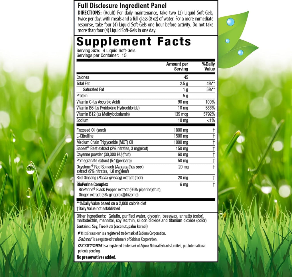 Nitric Oxide Supplement with L-Citrulline, Beet Root & Red Spinach, 60 Soft-Gels P73434