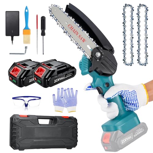 Mini Chainsaw Cordless, 6 Inch Electric Chainsaw for Wood Cutting, Goldsea Hand Held Small Power Saw with 2 pcs 2AH Batteries & 3 Replace Chains for Garden Tree Branch Trimmer