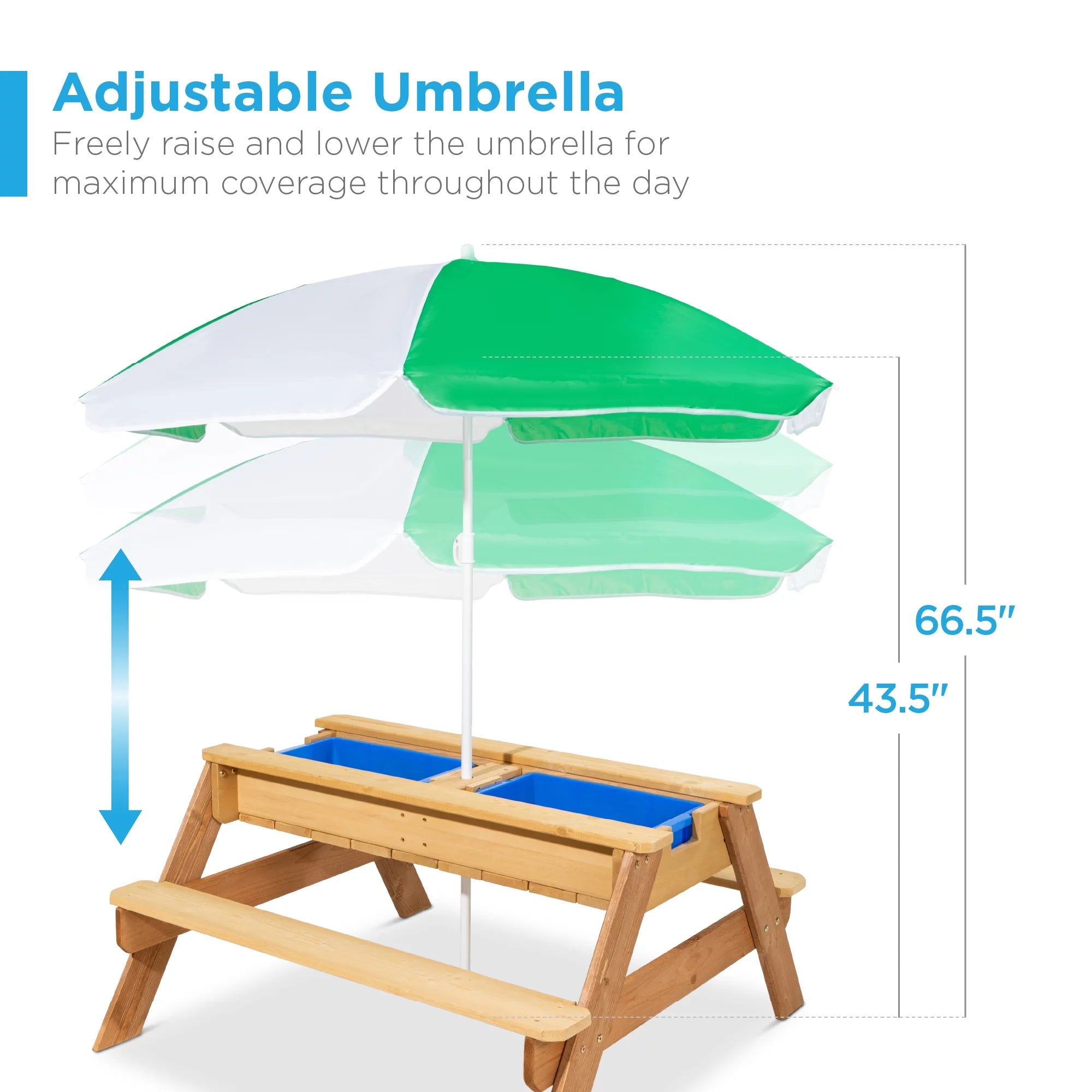 Kids 3-in-1 Outdoor Convertible Wood Activity Sand & Water Picnic Table with Umbrella F469