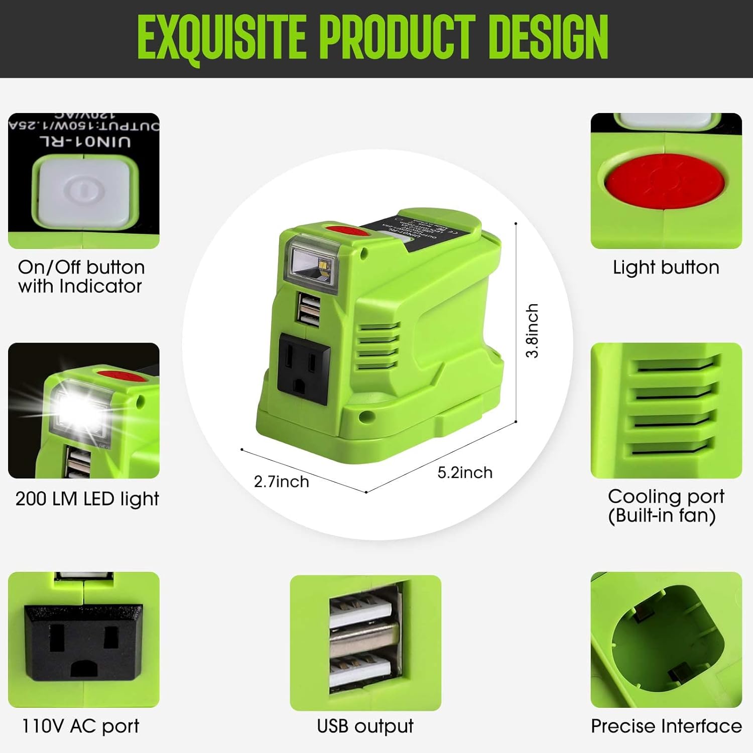 150W Portable Power Inverter Generator for 18V Battery with USB Charger and LED Light O7152