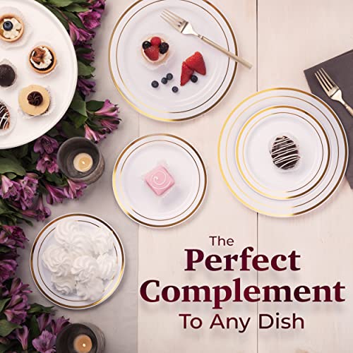 White Plastic Plates Disposable with Gold Trim, 50 Dinner Plates 10.25" + 50 Salad Plates 7.5" K987175