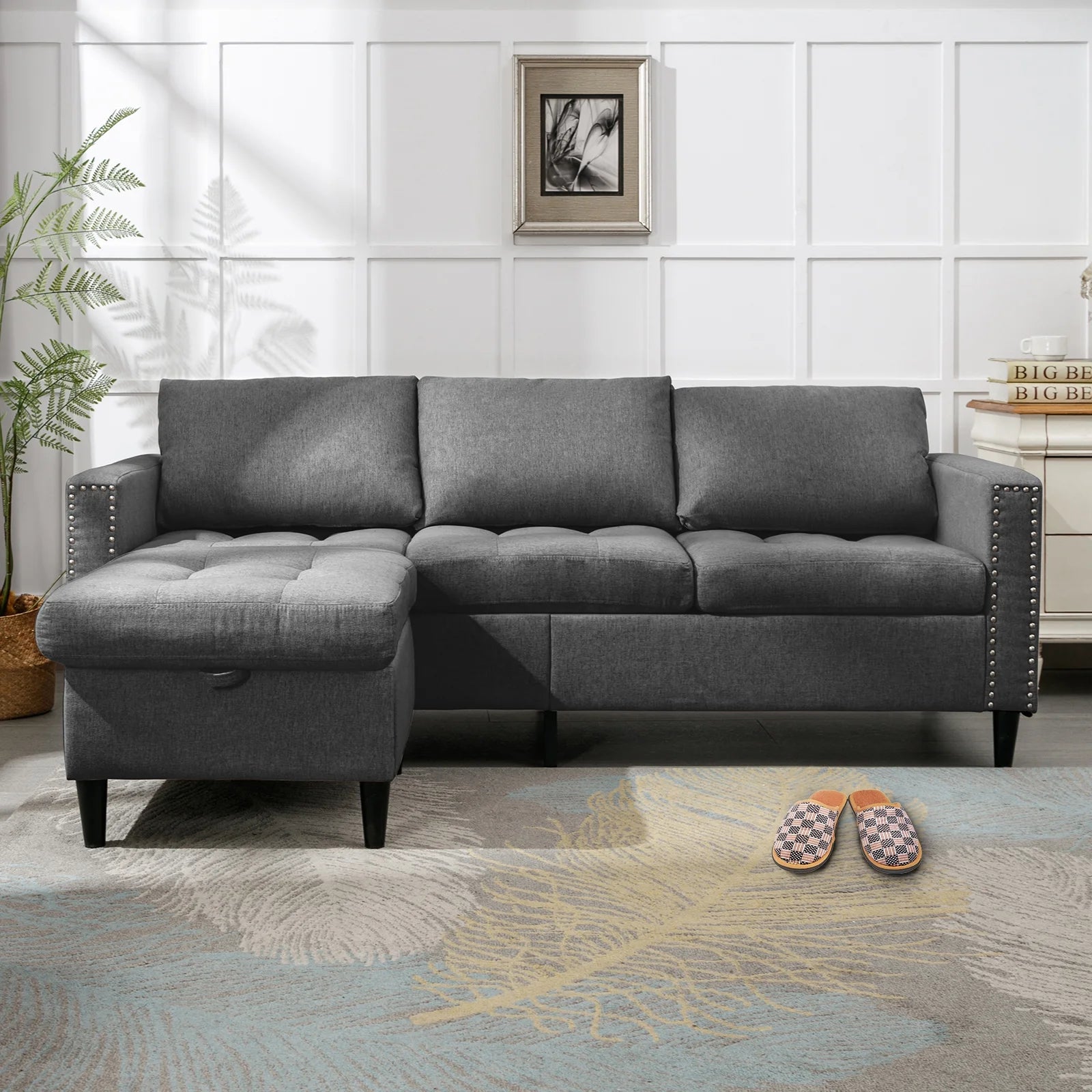 Reversible Sectional Couch, 3 Seat L Shaped Modular Sleeper Sofa Bed with Storage Ottoman, Dark Grey A4441