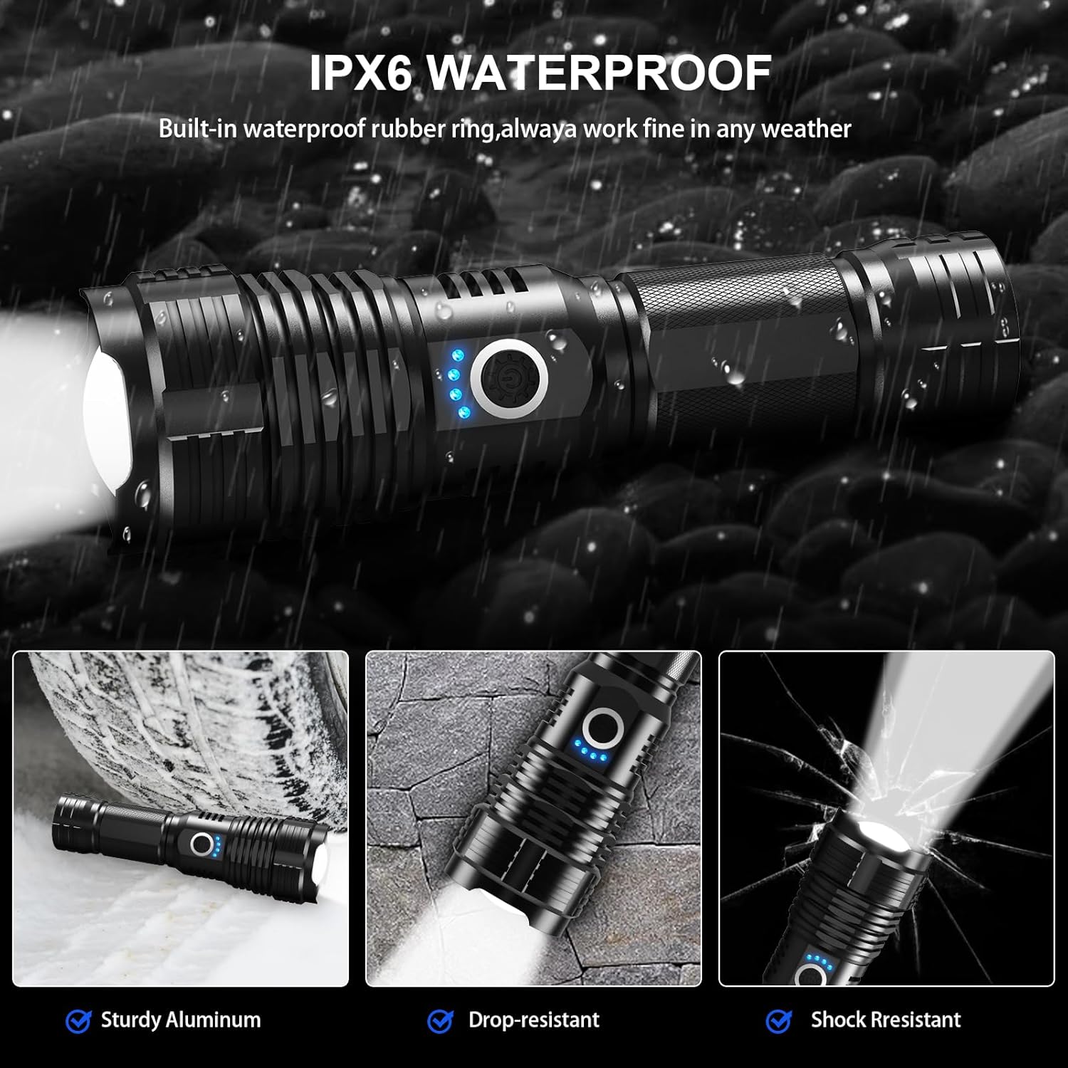 Rechargeable LED Flashlight 900,000 Lumens, 5 Modes, Waterproof, 12-Hour Runtime, 2 Pack P886492