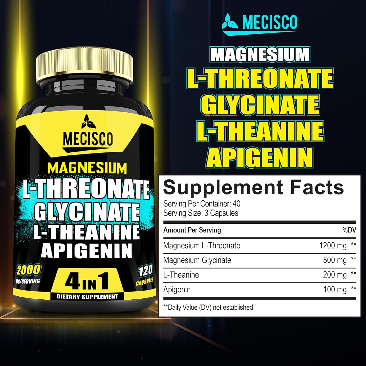 Magnesium L-Threonate Supplement with Glycinate, L-Theanine & Apigenin, 120 Capsules P817594