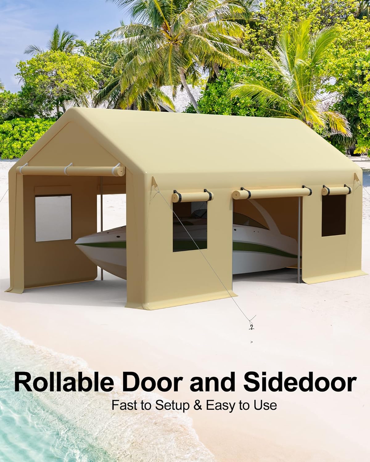 Carport 10x20 Portable Garage, Heavy Duty Steel Poles, 4 Roll-up Doors B534644