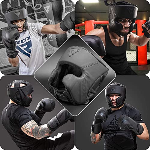 Boxing Headgear Sparring Grappling, Maya Hide Leather, Multi Layered Padding, Black M627425