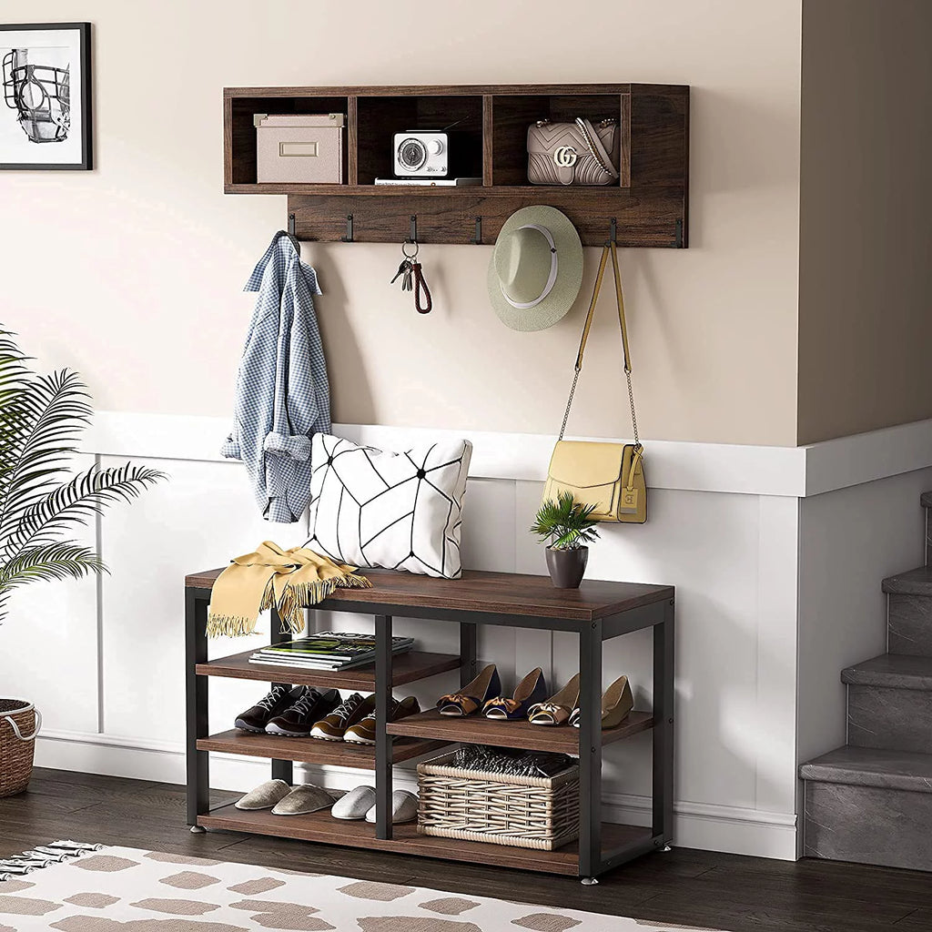 Hall Tree with Bench, 3 Storage Cubbies, 7 Hooks for Entryway T936