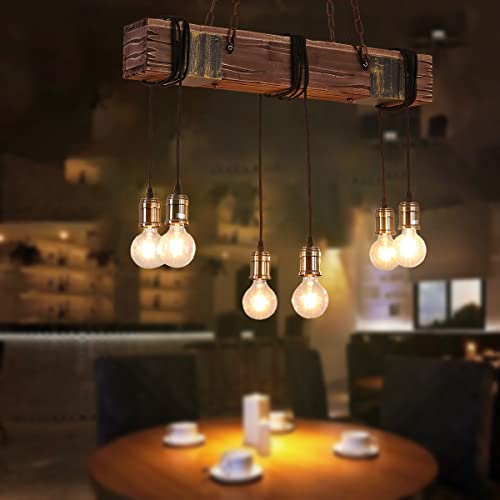 Rustic Chandelier Farmhouse Wood Beam Hanging Industrial Pendant Lighting Vintage Ceiling Light Fixture 10 Heads for Dining Table Kitchen Island Bar Coffee Billiard Pool Table (10 Heads)