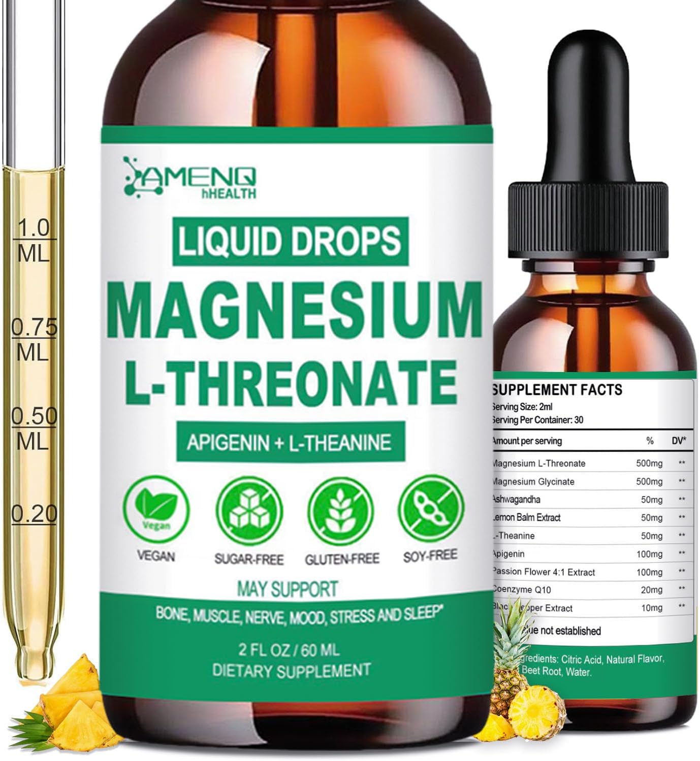 Magnesium L-Threonate Liquid, Triple Calm Magnesium Threonate Apigenin Theanine Plus Passion Flower, Lemon Balm, Liquid Magnesium Glycinate Threonate for Relaxation Sleep Muscle Nerve Health