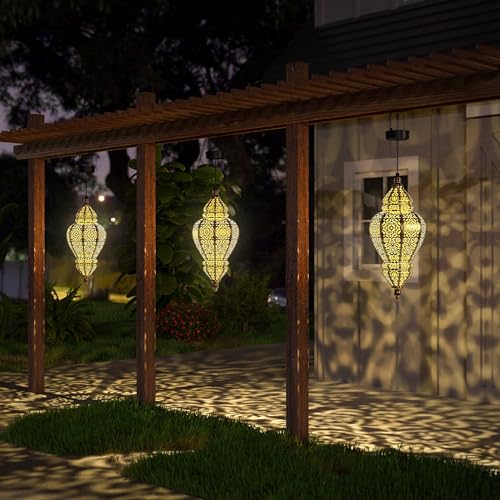 Hanging Solar Lights Outdoor Lantern Garden Decor Waterproof Plastic Gold I302199