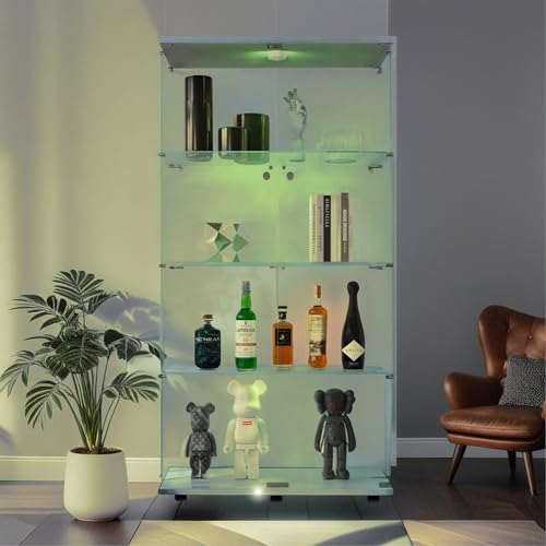 Glass Display Cabinet with Lock and Lights, 2 Doors, 4 Shelves, White M1785