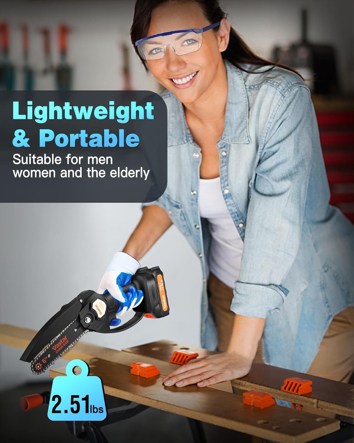 Cordless Mini Chainsaw 6-Inch Portable Electric Chainsaw with 2 Batteries and 2 Chains X31253